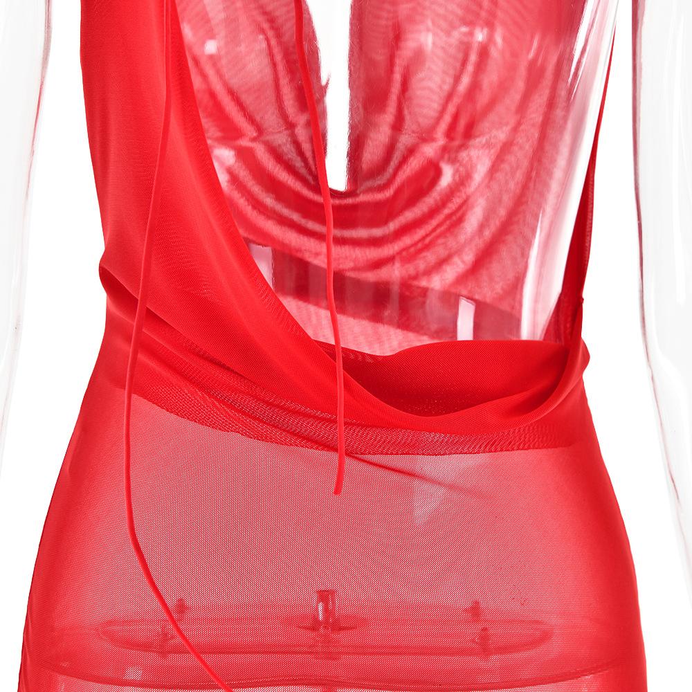 Sleeveless cowl neck low cut ruffle ruched backless mini dress  | red tango dress