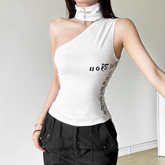 One shoulder irregular letter print sleeveless top
