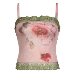 Lace hem flower print backless cami top