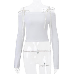 Self tie off shoulder long sleeve solid top
