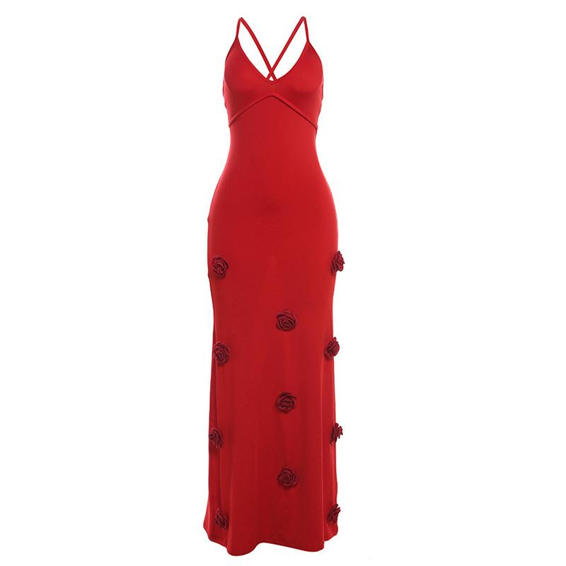 V neck flower applique cross back cami maxi dress  | red tango dress