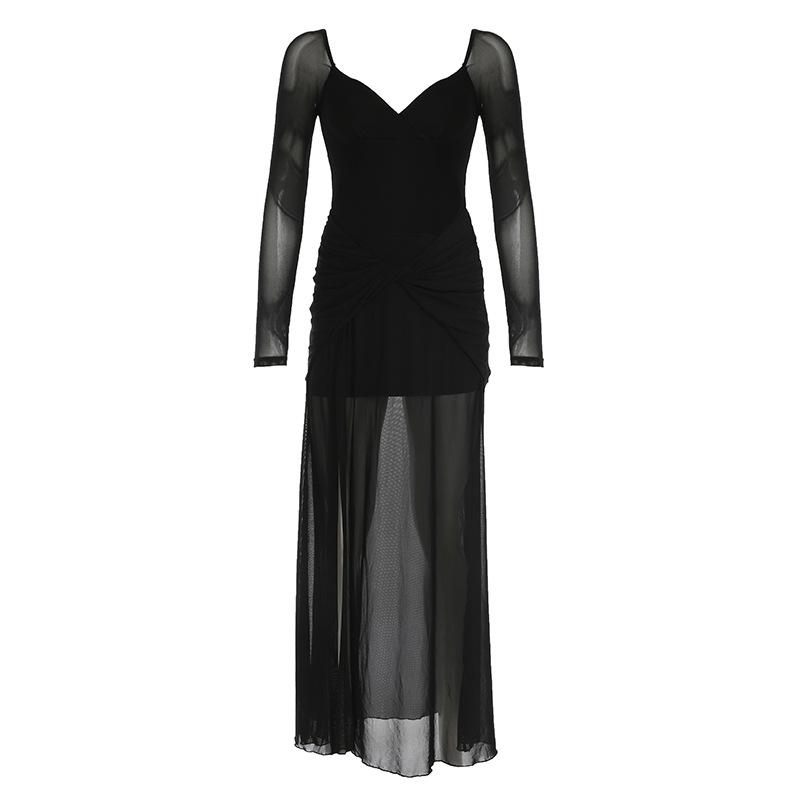 V neck long sleeve slit mesh maxi dress