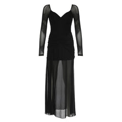 V neck long sleeve slit mesh maxi dress