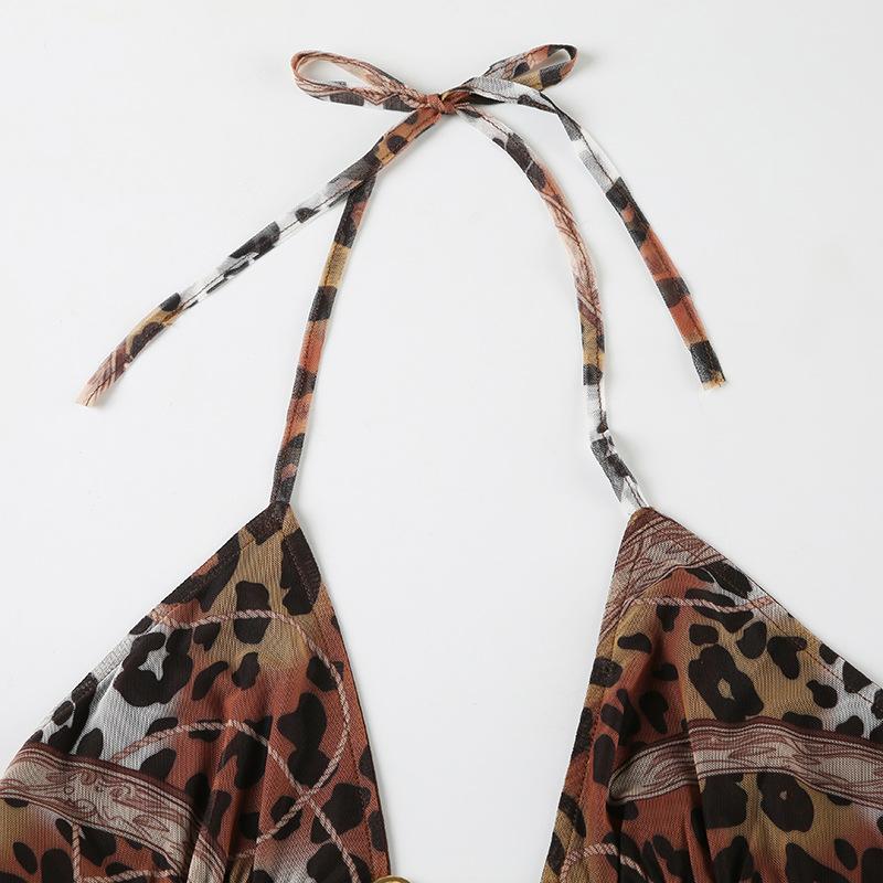 Halter leopard print mesh backless self tie top