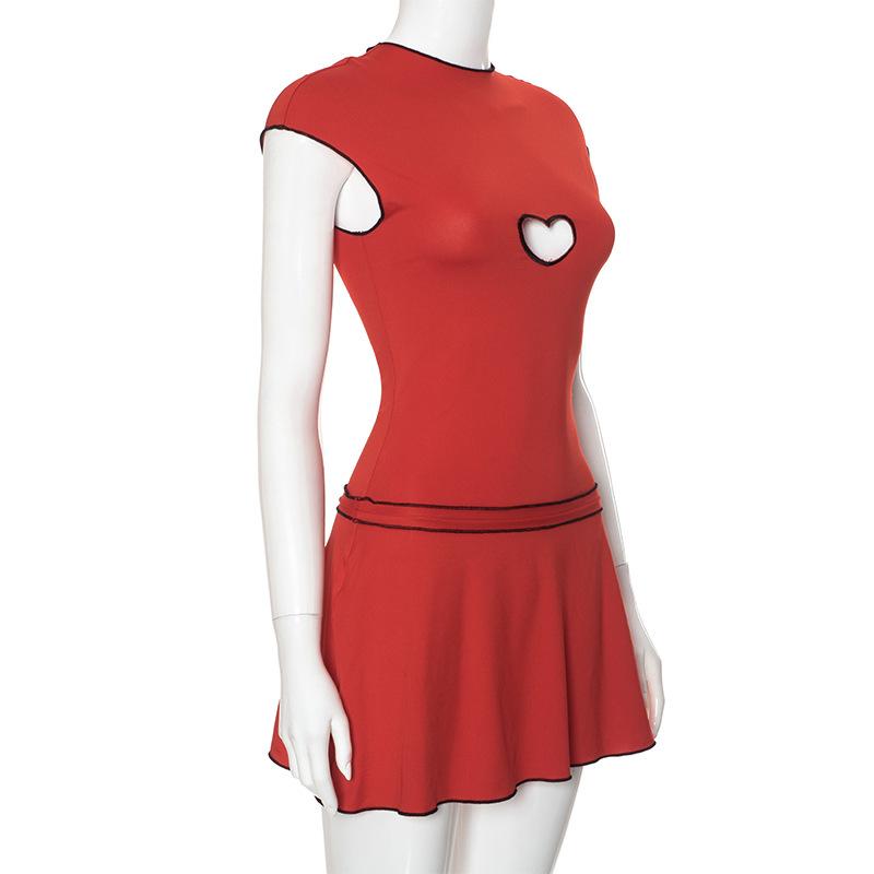 Cap sleeve heart embroidery stitch mini dress  | red tango dress