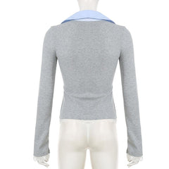 Turnover collar patchwork long sleeve lace hem knitted top