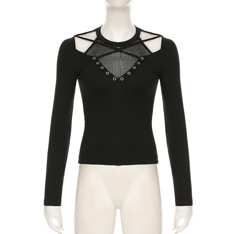 Long sleeve cross front hollow out fishnet patchwork top