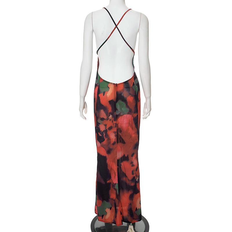 V neck lace hem backless print cami maxi dress  | red tango dress