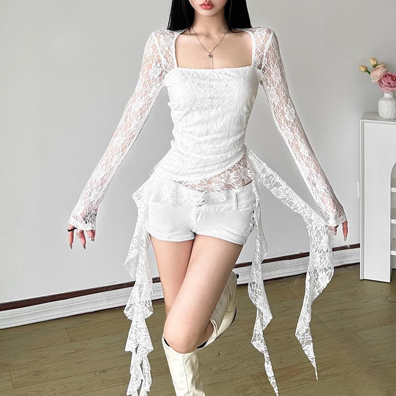 Square neck long sleeve lace ruffle top