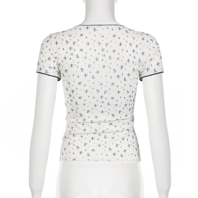 Short sleeve patchwork flower applique print top
