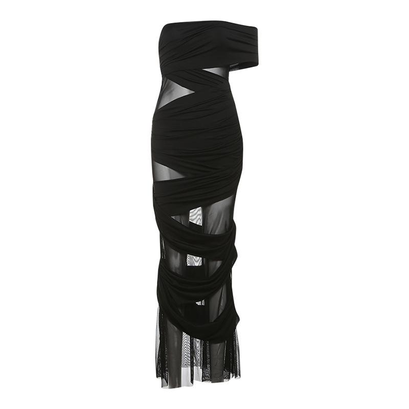 Off shoulder ruched mesh maxi dress