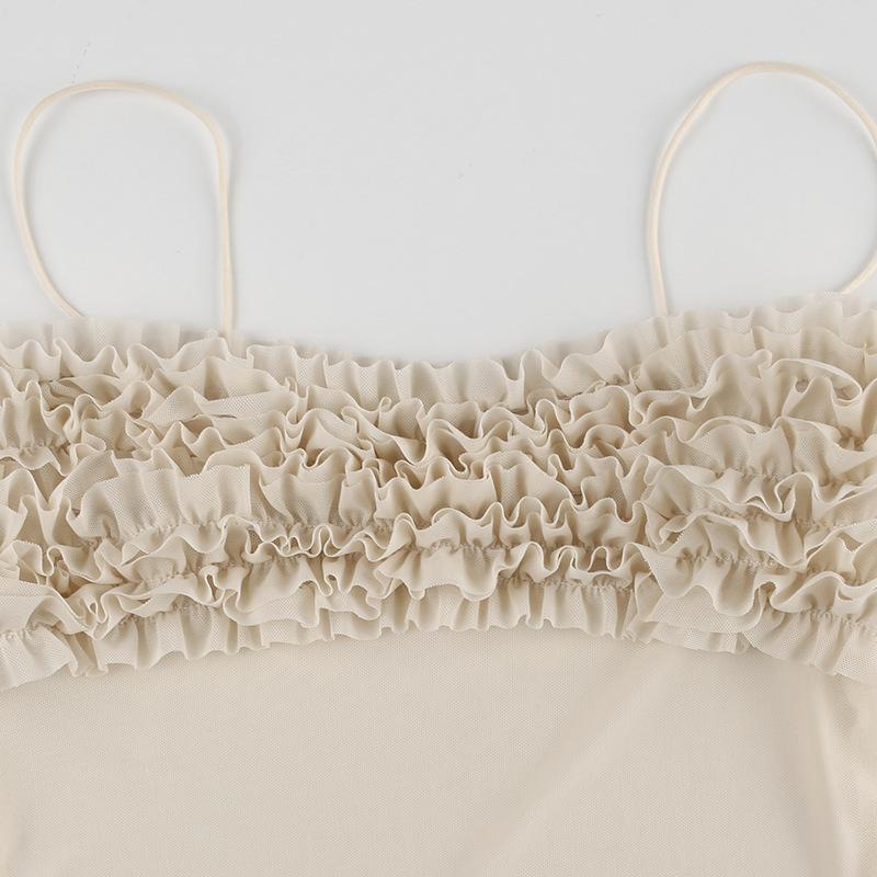 Ruched ruffle sheer mesh cami top