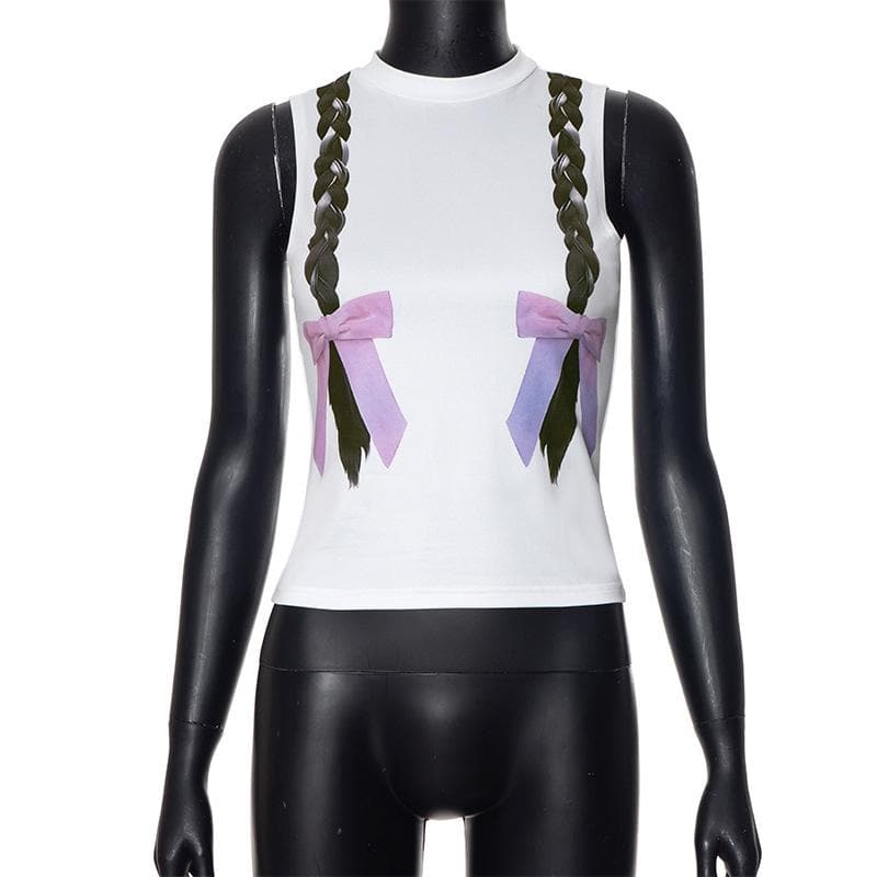 High neck braids pattern contrast sleeveless tank top