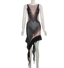 Sleeveless crewneck print irregular mesh mini dress