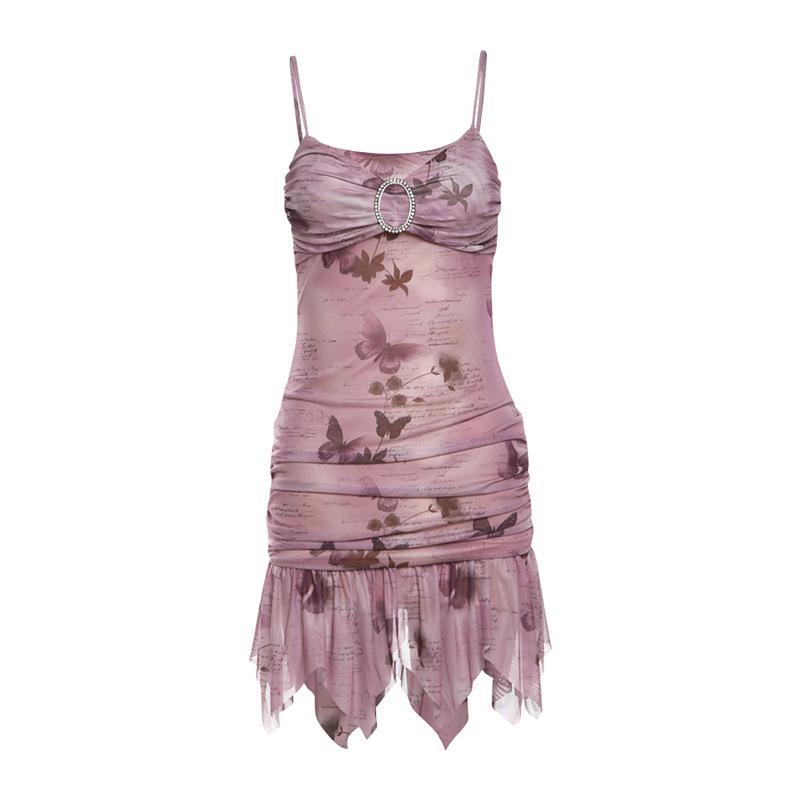 Sweetheart neck ruched buckle ruffle cami mini dress