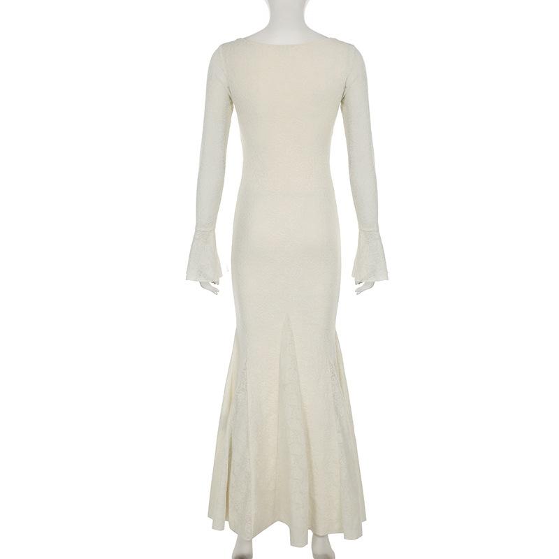 V neck long sleeve lace bowknot maxi dress