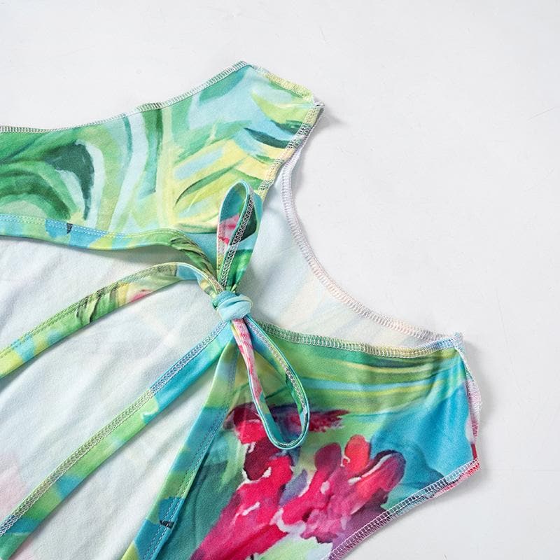 Print stitch backless hollow out tank cut out maxi dress