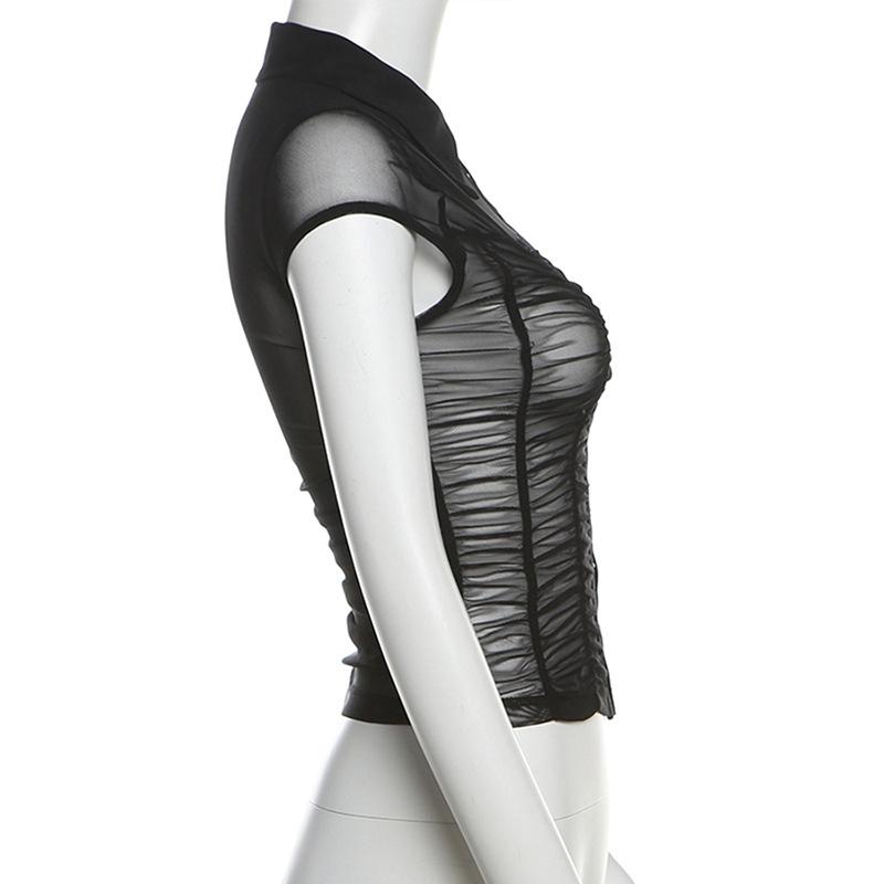 Cap sleeve mesh turnover collar ruched button top