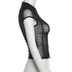 Cap sleeve mesh turnover collar ruched button top