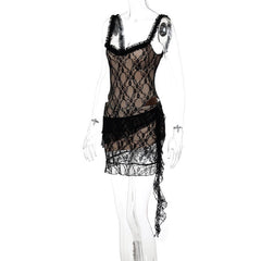 Lace ruffle ruched hollow out cami mini dress