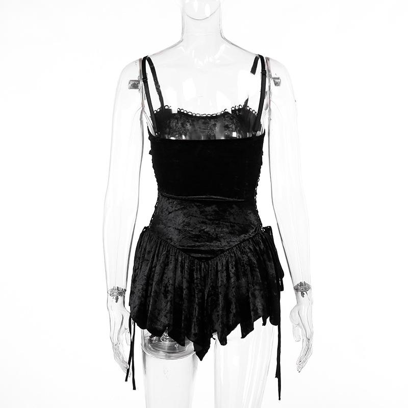 Sweetheart neck velvet lace up ruched cami mini dress