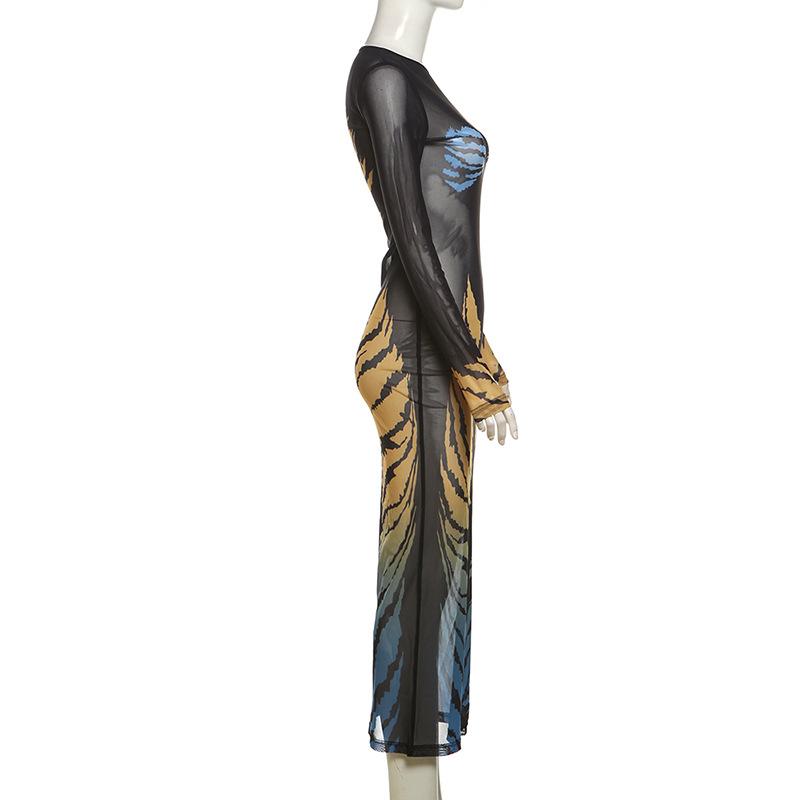 Long sleeve tiger print crewneck sheer mesh midi dress  | samba dress