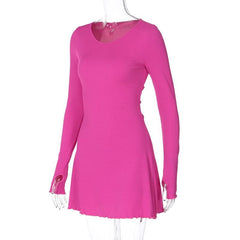 Ribbed solid long sleeve gloves lace up ruffle mini dress  | red tango dress