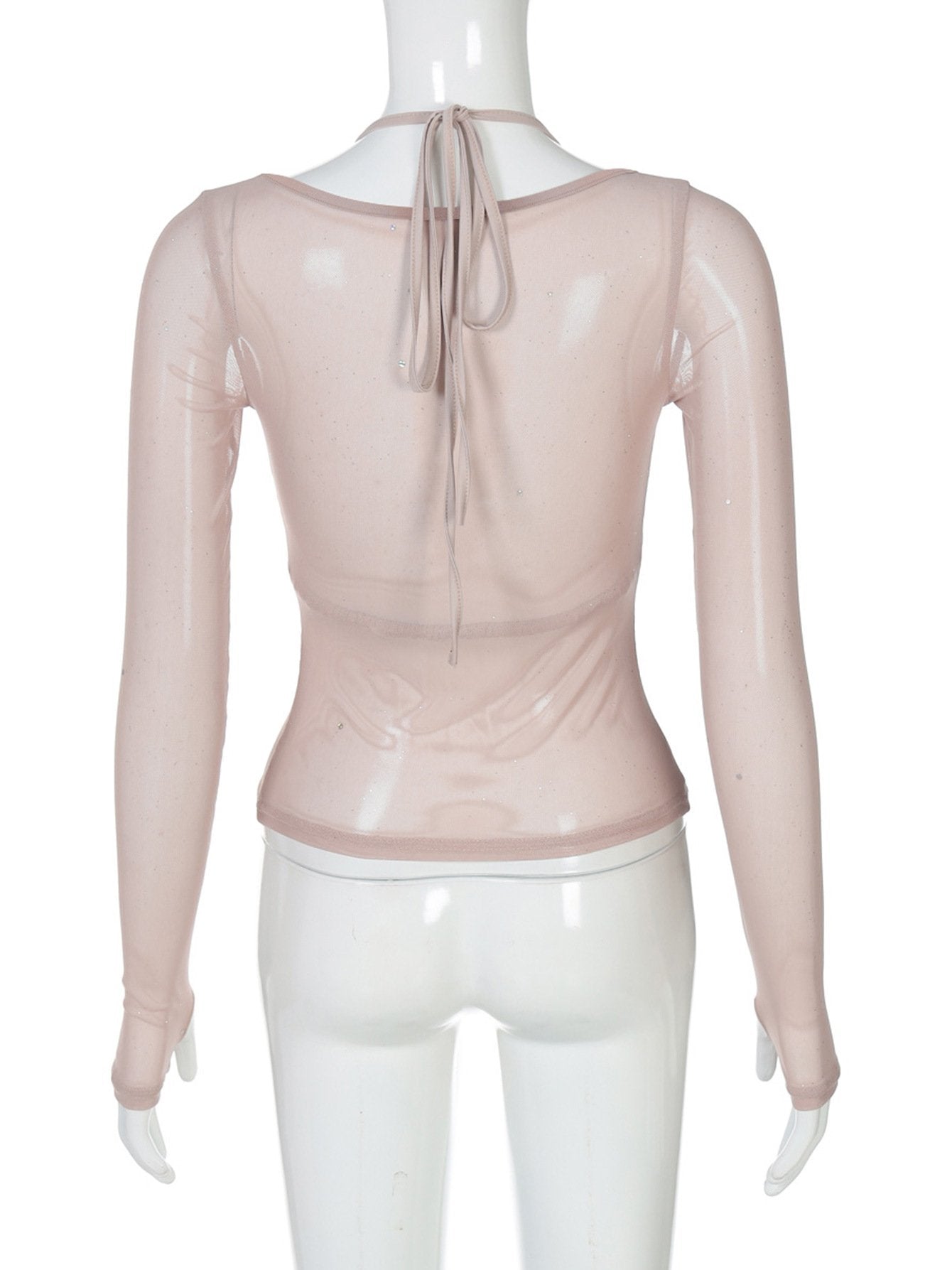 Halter v neck long sleeve mesh 2 piece top