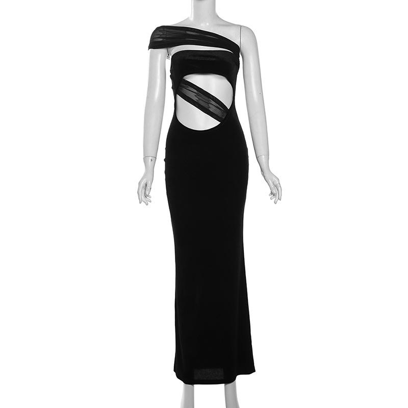 One shoulder irregular hollow out velvet mesh maxi dress