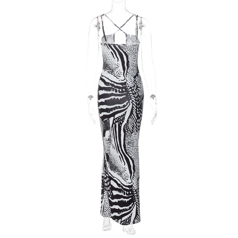 Contrast print cross front backless low cut maxi dress  | black rave dress  | black rave dress