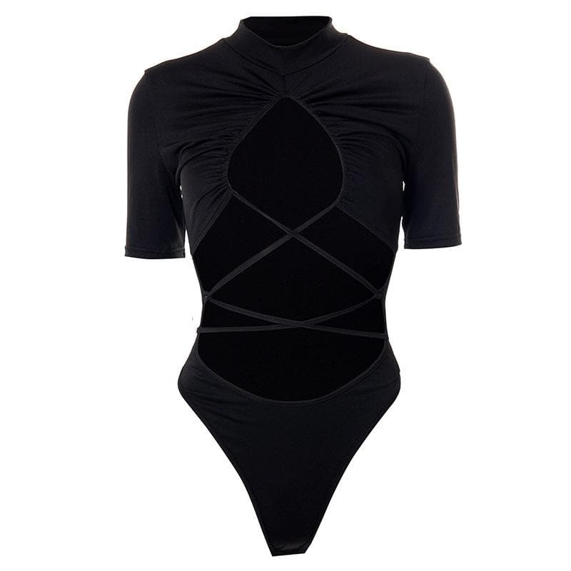 Short sleeve high neck ruched lace up hollow out bodysuit