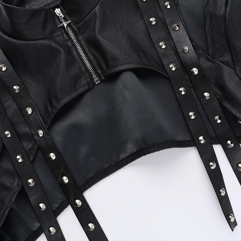 High neck PU leather zip-up hollow out shrug top
