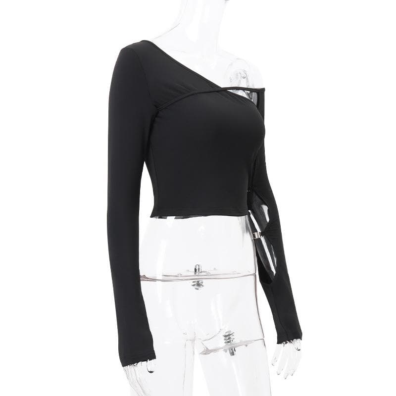 Long sleeve one shoulder button hollow out  irregular solid cut out top