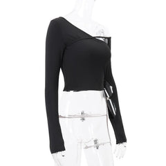 Long sleeve one shoulder button hollow out  irregular solid cut out top