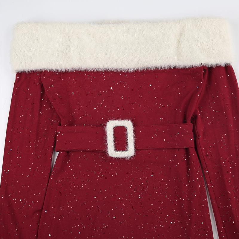 Off shoulder long sleeve beaded fluffy belt mini dress