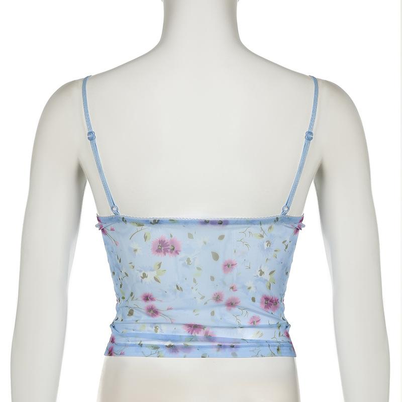 Mesh flower print stitch bustier lace hem cami top