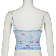 Mesh flower print stitch bustier lace hem cami top