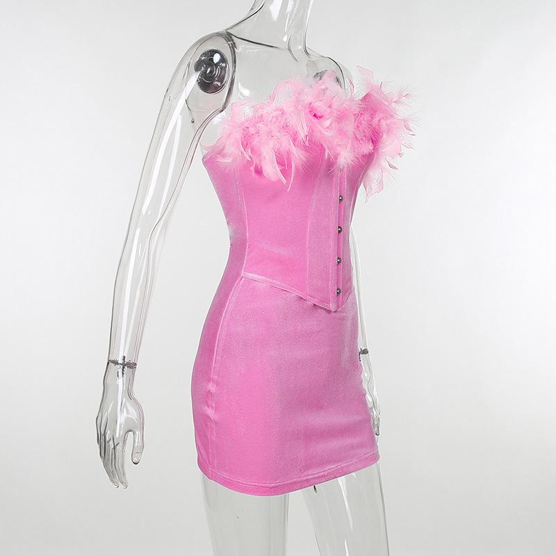 Velvet feather button tube mini dress
