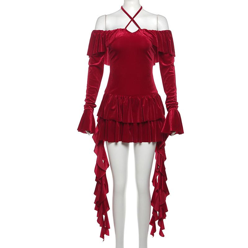 Halter long sleeve off shoulder velvet mini dress