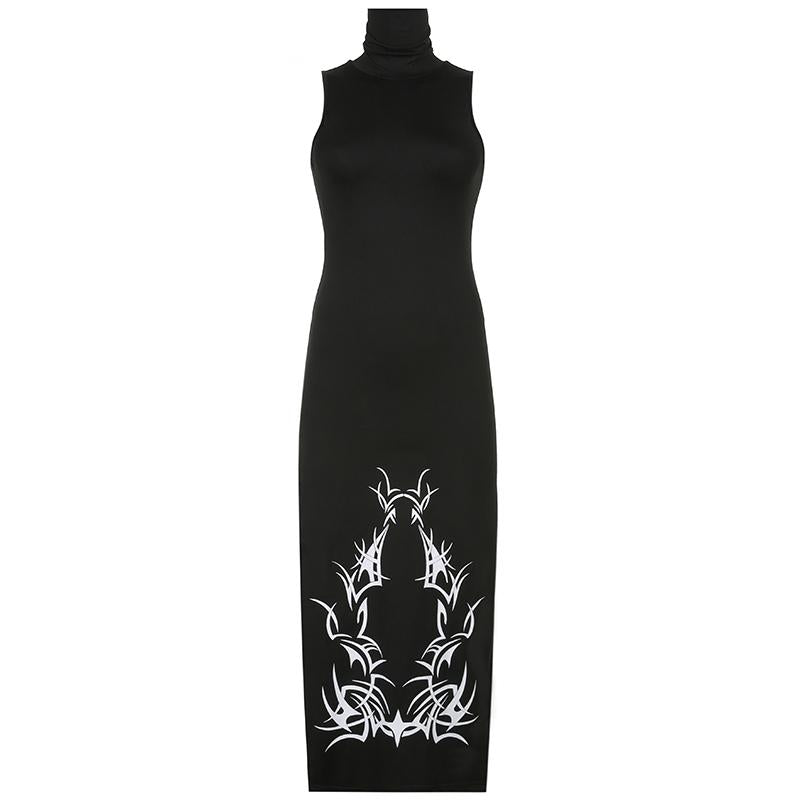 High neck slit print maxi dress