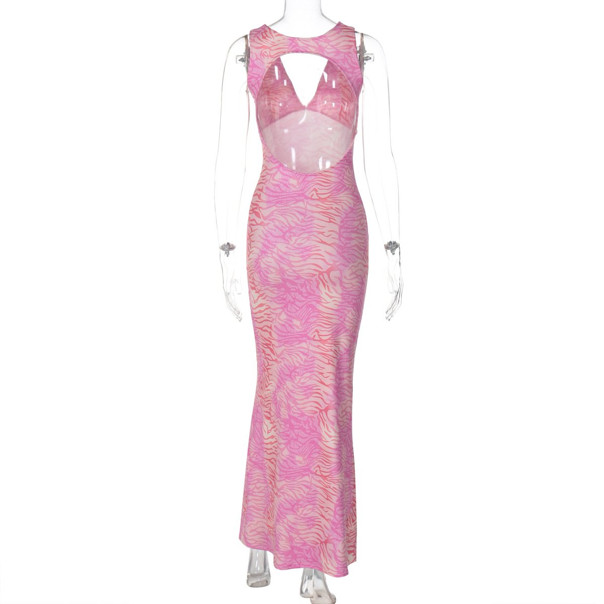 Sleeveless v neck print backless maxi dress