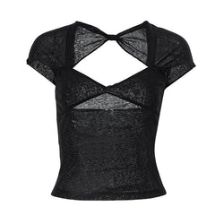 V neck hollow out knotted short sleeve low cut backless crop cut out top