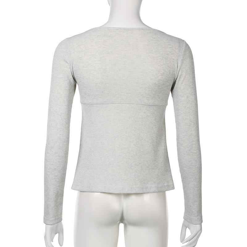 Long sleeve lace hem bowknot ribbed top