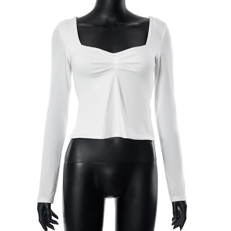 Square neck ruched long sleeve slit solid top