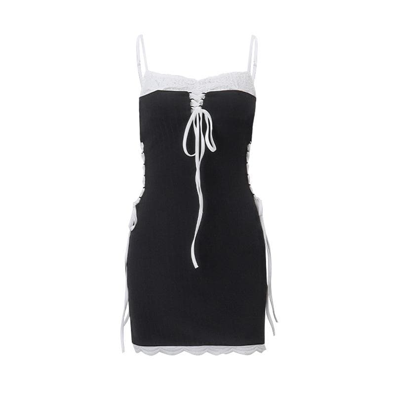 Self tie lace up backless patchwork contrast cami mini dress