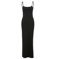 Lace up backless slit solid cami maxi dress