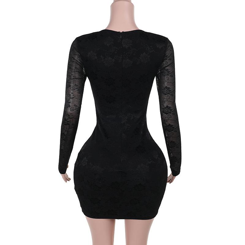 Long sleeve hollow out lace zip-up mini dress