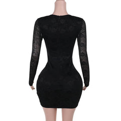 Long sleeve hollow out lace zip-up mini dress