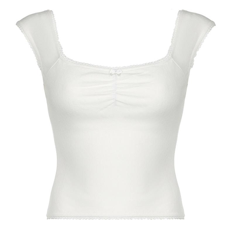 Cap sleeve ribbed bowknot textured lace hem top