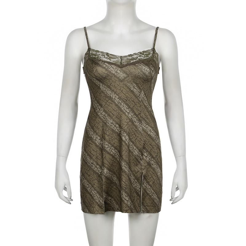 Print lace hem slit cami mini dress